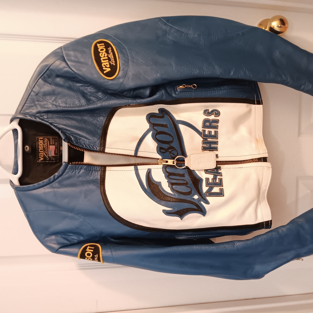 Blue and White Leather Racing Jacket with Patches